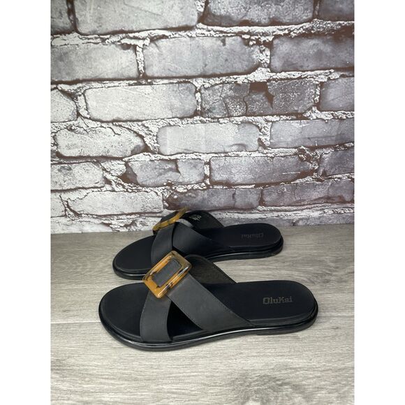 OluKai La'i Slide Black Leather Leopard Beach Sandals Women Sz 8M US/38EU - Picture 13 of 16